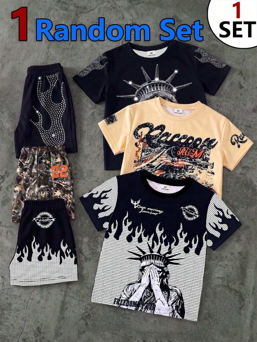 1 Random Set, Street Fashion Cool Character Graphic English Print T-Shirt With Matching Print Shorts Set - Multicolor - View 1