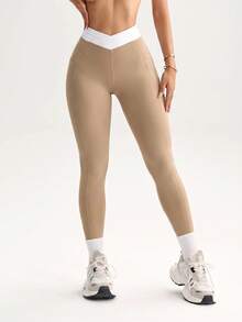 Slayform Slayform Legging Olahraga Wanita Serbaguna dengan Pinggang Silang dan Warna Kontras yang Pas di Badan - Khaki - View 3