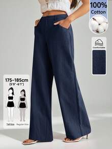 SHEIN Tall 100%水洗棉低腰直筒長褲，適合高個女性 - 藏蓝色 - 查看 7