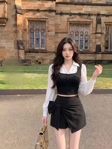 SHEIN MOD 黑白配色翻領長袖胸前抓皺排扣襯衫，女款秋季休閒上衣，校園襯衫，職場上衣 - 黑與白 - 查看 4