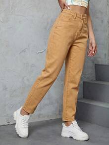 SHEIN ICON 女款休閒日常牛仔褲，附口袋與鈕扣設計 - 駝色 - 查看 6