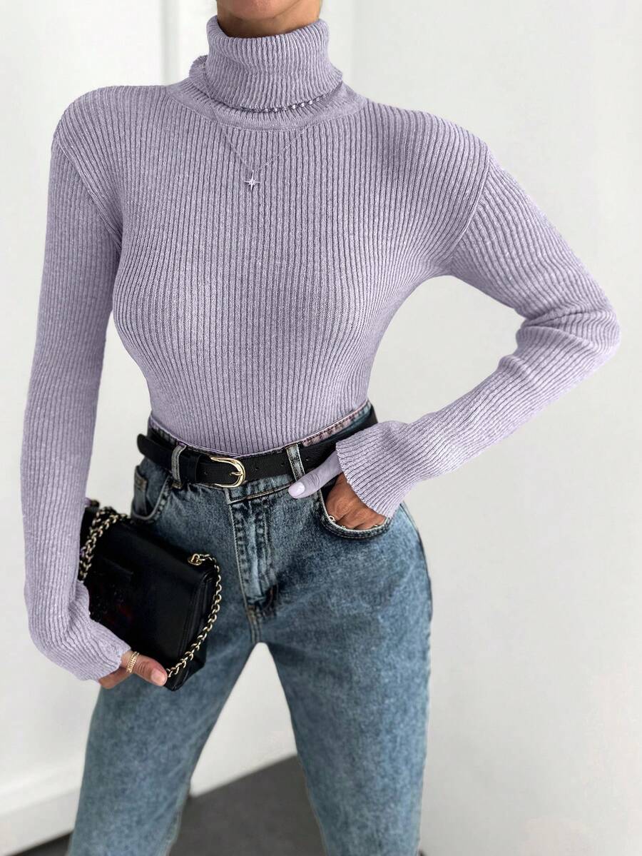EURMUSE Turtleneck Ribbed Knit Drop Shoulder Sweater - Dusty Purple - View 1