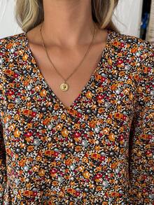 SHEIN LUNE Plus Size Vacation Fashion Floral Print Long Sleeve V-Neck Dress Vacation Black Autumn Traditional Elegant Boho 1960s Vacation Brunch Office - Multicolor - View 4