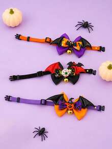 PETSIN 1PC Halloween Bat Wing Bow Tie Pet Collar / Soft Smooth Satin Fabric Halloween Themed Bow With PU Bat Wing Pumpkin Eyeball Decor Adjustable Velvet Neck Strap With Crisp Sound Metal Jingle Bell - Multicolor - View 4