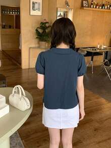 DAZY 女款彼得潘領格紋休閒韓系學院風度假夏季可愛上衣 - 藍色 - 查看 2