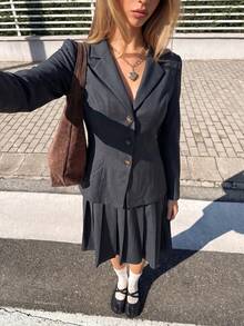 MainGRL Setelan Kerja Wanita Minimalis: Jaket Lengan Panjang Berkancing dan Rok Midi Lipit Warna Polos untuk Kantor - Grey - View 5