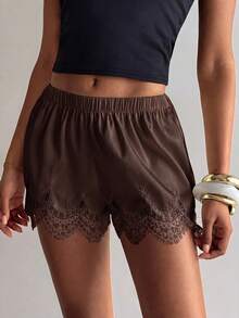 Aloruh Short mini élégant pour femmes avec patchwork en dentelle jaune pâle - Tabac - Voir 5