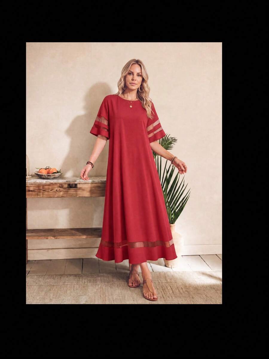 EMERY ROSE Women's Casual Solid Color Sheer Mesh Contrast Dress - Red - View 1