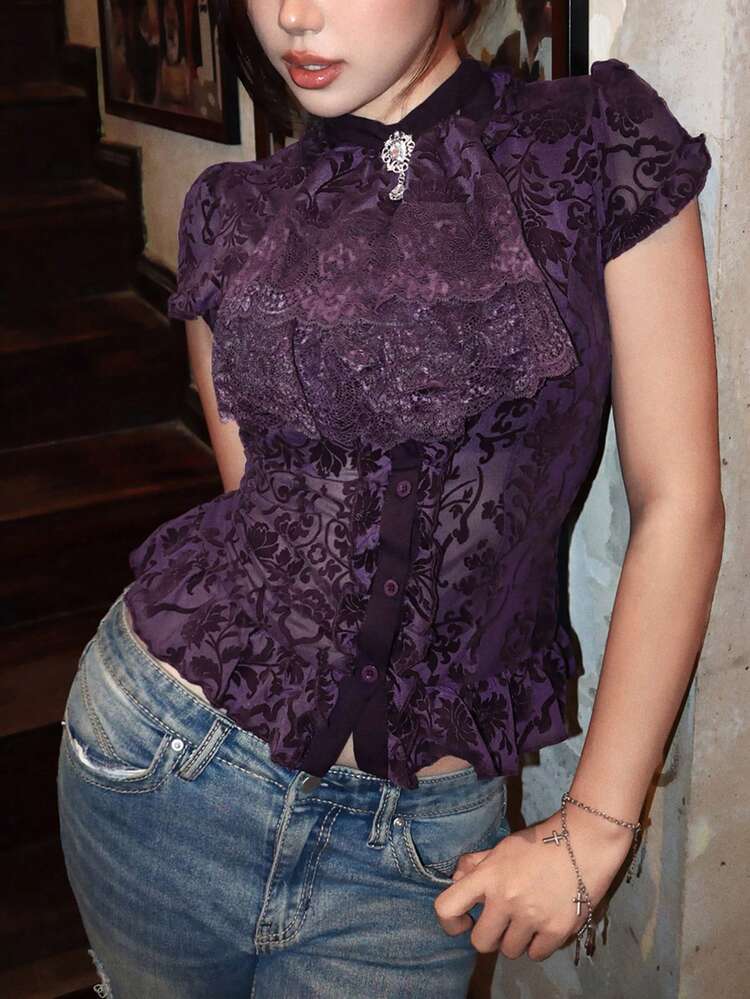 ROMWE X Isabelle Nguyen Women Vintage Gothic Baroque Style Sheer Mesh Flocked Detachable Ruffle Tie Collar Rhinestone Pendant Lace-Up Frill Sleeves Purple Blouse - Purple - View 5