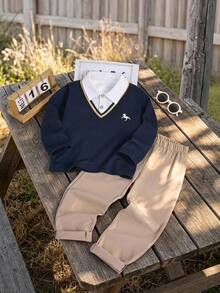 2pcs/Set Boys' Polo Shirt With Printed Top And Casual Modest Loose Fit Pants, Spring/Autumn School Navy Blue Grey - Multicolor - View 1