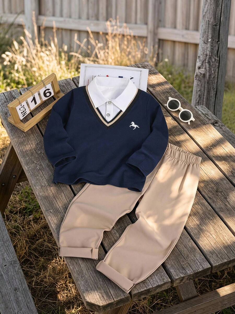 2pcs/Set Boys' Polo Shirt With Printed Top And Casual Modest Loose Fit Pants, Spring/Autumn School Navy Blue Grey - Multicolor - View 1