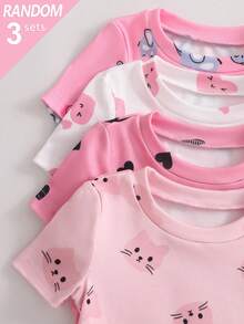 3 Sets Random Baby Girls Cute Heart & Cartoon Print Short Sleeve Shorts Knit Snug Fit Pajamas Set - Multicolor - View 5