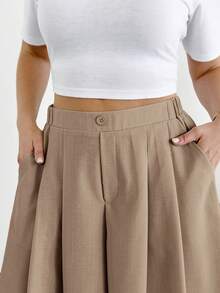 Shapeblank Plus Size Fashion Button Pocket Pleated Loose Wide Leg Pants Fall - Camel - View 5
