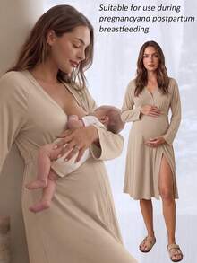 Slowluna 純色哺乳功能開衩設計孕婦裝 - 卡其色 - 查看 3