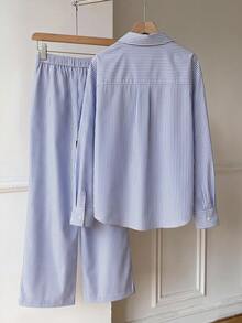 SHEIN EZwear 女款藍白條紋梭織長袖襯衫與長褲休閒套裝，適合夏季上衣、通勤、約會、學校教師、畢業 - 藍色 - 查看 2