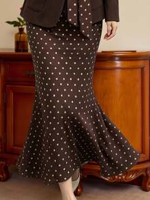 SHEIN Clasi Brown Suit Polka Dot Mermaid Skirt With Single-Breasted Two-Button Same-Color Round Buttons, Symmetrical Front Patch Pockets Design, Vintage Commuter Details Plus Size 2 Pieces Set - Coffee Brown - View 7