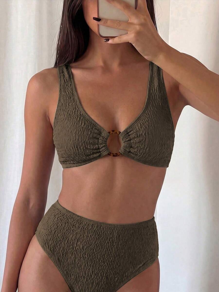 Swim Vcay Conjunto de Bikini para Mujer con Textura de Enlace Circular para Playa de Verano - Café integral - Ver 1