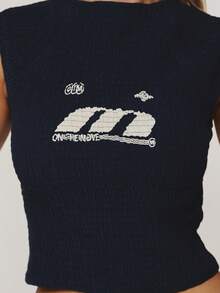 MUSERA Blue Textured Crinkle Graphic Logo Crop Top Winter Casual Day Outfit Cool  Blue Womens Top - Navy Blue - View 6