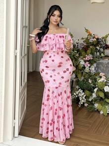 Rometta Plus Size Off-Shoulder Ruffle Elegant Commuter Lace Bodycon Maxi Dress - Pink - View 15