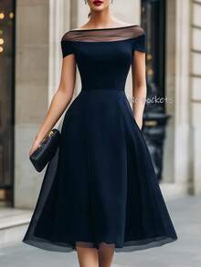 RosyDaze New Elegant Solid Color Mesh Patchwork Dress, Suitable For Spring, Summer, Autumn, Winter, Outings, Dates, Festivals, Formal Occasions, Parties, Navy Blue Off-The-Shoulder Dress - Blue - View 2