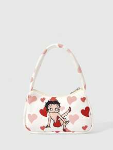 Betty Boop x SHEIN حقيبة كتف مطبوعة بالحب، حقيبة تحت الإبط من المخمل المضلع، مناسبة للاستخدام اليومي العادي - كرتون - مشاهدة 1