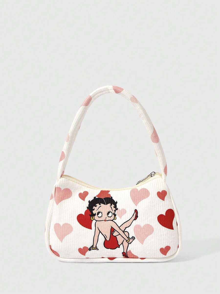 Betty Boop x SHEIN حقيبة كتف مطبوعة بالحب، حقيبة تحت الإبط من المخمل المضلع، مناسبة للاستخدام اليومي العادي - كرتون - مشاهدة 1