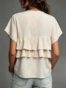 Glimmora Vacation Bohemian Style Double Layer Ruffle Hem Textured V-Neck Flutter Sleeve Blouse - Khaki - View 2