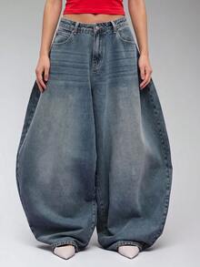 COUREZ Low Rise Baggy Balloon Fit Jeans In Washed Blue Wash Street Casual /  Y2K Autumn Clubbing Outfits For Women Pants For Women Rave Cotton Denim Fall - Navy Blue - View 2