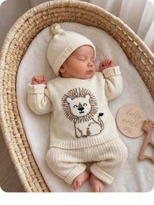 SHEIN Kids Kids Newborn Cartoon Pattern Sweater & Knitted Autumn Winter Pants Set Neutral Baby - Apricot - View 1
