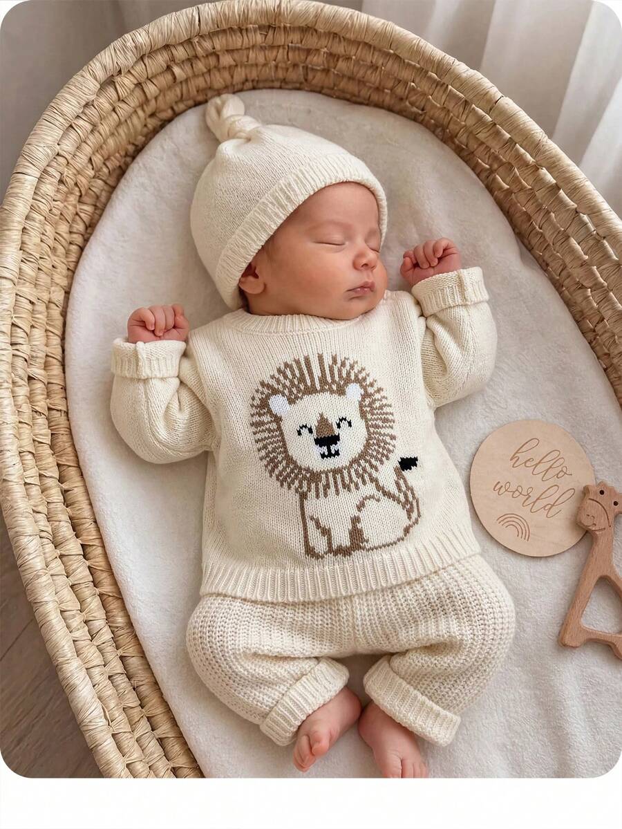 SHEIN Kids Kids Newborn Cartoon Pattern Sweater & Knitted Autumn Winter Pants Set Neutral Baby - Apricot - View 1