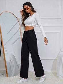 SHEIN Essnce 時尚百搭鈕扣口袋直筒牛仔褲 - 黑色 - 查看 6