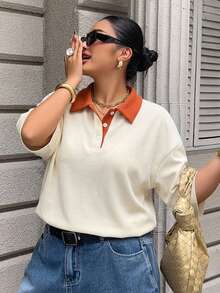 Livesso 對比色拼接寬鬆條紋 Polo 領中袖休閒夏季 T 恤 大尺碼女款 - 杏色 - 查看 6