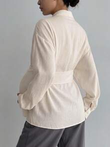 DAZY Áo sơ mi bầu tay dài dáng rộng màu trắng trơn, thiết kế cổ bẻ thắt nơ, áo blouse công sở cho mùa xuân hè thu - trắng - Xem 2