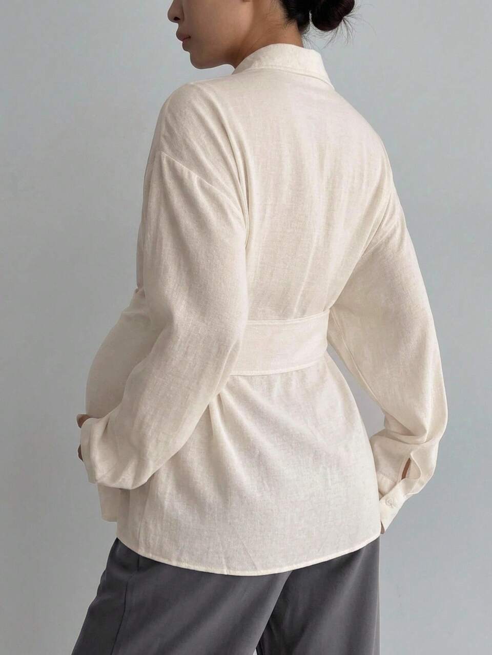 Solid Color Lapel Design Tie Loose White Long Sleeve Shirt Maternity Blouse Workwear Spring Summer Autumn