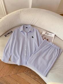 SHEIN EZwear 女款藍白條紋梭織長袖襯衫與長褲休閒套裝，適合夏季上衣、通勤、約會、學校教師、畢業 - 藍色 - 查看 3