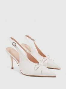 CUCCOO BIZCHIC Women's White Patent Leather Slingback Heels, Pointed Toe With Bow & Adjustable Buckle Stiletto Pumps Fall Shoes - Beige - View 1