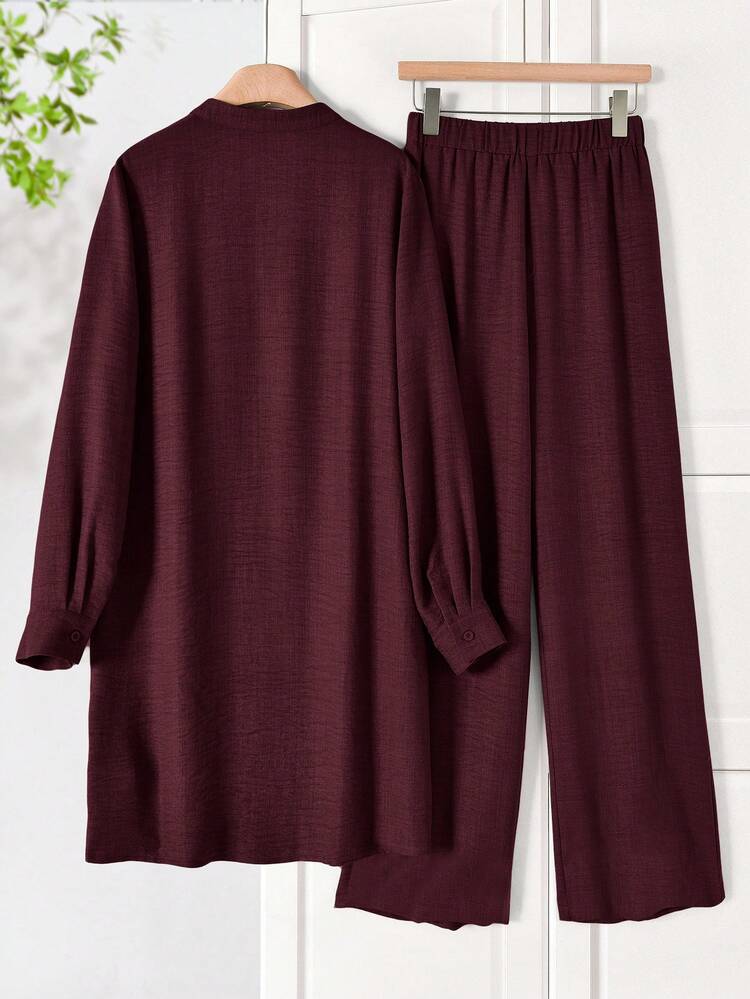 Rusticease Women's Vacation Embroidered Long Sleeve Top And Loose Pants 2 Pieces Set Everyday House Home Burgundy Autumn Casual Everyday House Home - Burgundy - View 3
