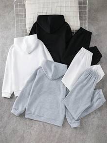 SHEIN 3套買3送3兒童青少年男孩休閒百搭星星圖案連帽衫與運動長褲套裝，黑色連帽衫、白色連帽衫、麻灰色連帽衫，百搭下裝，適合秋冬、學校、家庭聚會、度假、派對，秋季穿搭冬季穿搭 - 彩色 - 查看 4