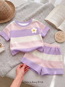 女嬰休閒舒適粉色條紋3D花卉圖案寬鬆圓領T恤與休閒寬鬆短褲2件套，適合日常穿著、外出、上學、返校季，甜美女孩風，慵懶隨性 - 彩色 - 查看 6
