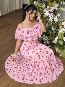 Rometta Plus Size Off-Shoulder Ruffle Elegant Commuter Lace Bodycon Maxi Dress - Pink - View 4