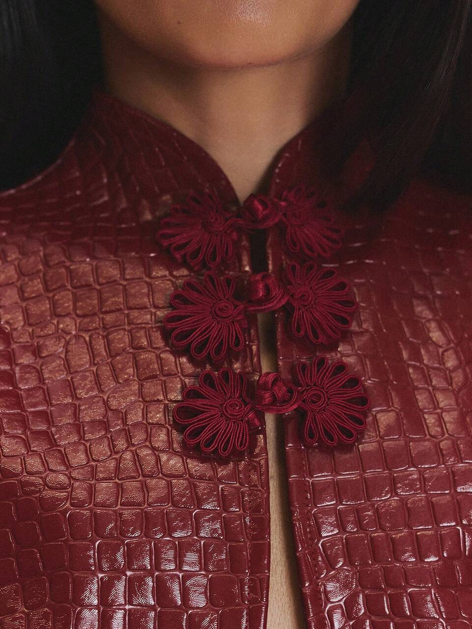 Red PU Croc Crop Open Front Bolero Top