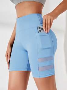 SHEIN Sports Solid Color Wide Waist Slim Fit Sports Shorts (With Pockets) - Blue - View 6
