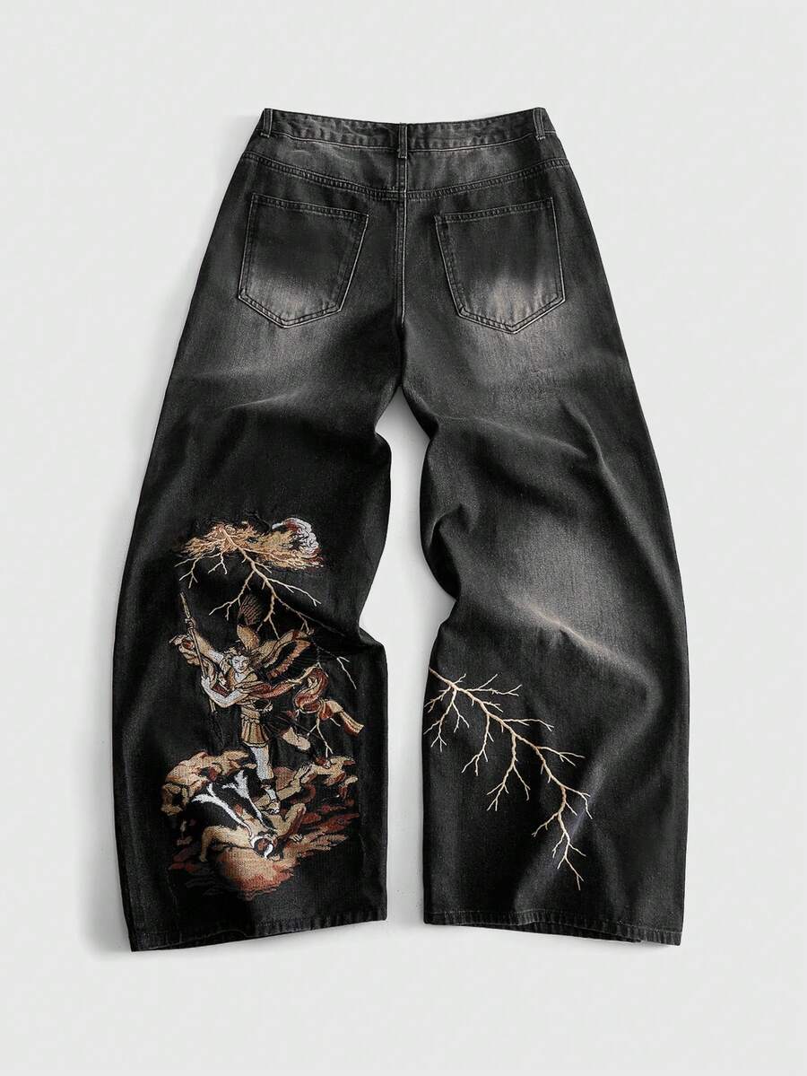 ROMWE MEN 男士刺繡圖案寬鬆牛仔短褲 - 黑色 - 查看 1