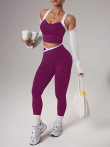 SHEIN Sports 1套紫色白色無縫運動套裝，無袖露背，柔軟舒適貼身，適合健身、跑步、休閒運動性感風，瑜伽健身房夏季穿搭 - 中紫紅色 - 查看 5