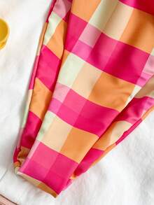 Swim Vcay Women's Plaid Print Triangle Cup Tie Halter Bow Sexy Tropical Bikini High Leg Two Pieces Swimwear Set Beach Party Pink Orange Summer - Multicolor - View 4