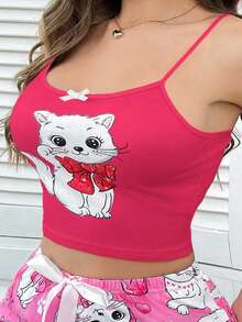 SHEIN 可爱猫咪蝴蝶结 INS 吊带上衣，女士睡衣 - 紅色 - 查看 7