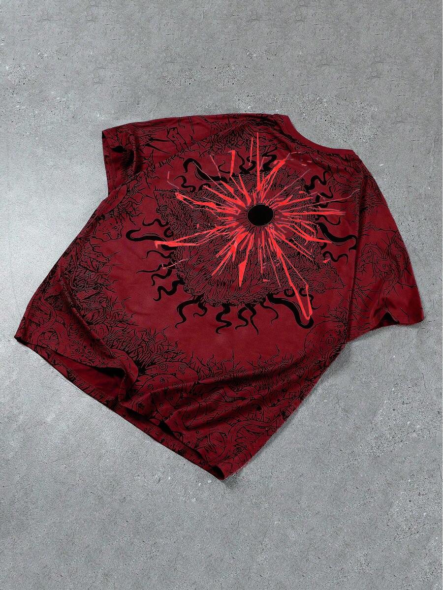 ROMWE MEN Street Life Men's Batwing Sleeve Printed Short Sleeve T-Shirt, Suitable For Daily Wear In Spring And Summer - Red - View 1