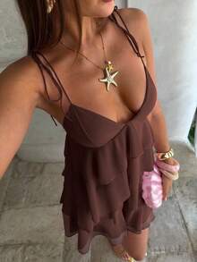 Aloruh Women's Solid Color Spaghetti Strap Backless Multi-Layer Ruffle Mini Dress For Vacation And Beach - Brown - View 6