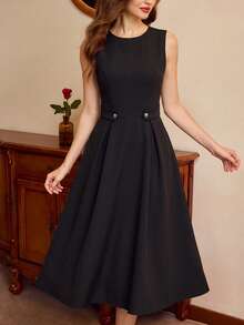Vintamour Women's Summer Elegant Commute Solid Color Sleeveless Midi Dress - Black - View 5
