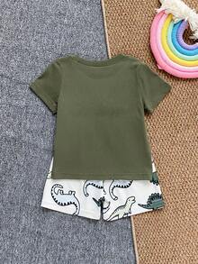 SHEIN Playful Pals 2件組男嬰恐龍印花短袖上衣與短褲套裝 夏季嬰兒服飾 度假家庭裝 橄欖綠配色 白色 可愛端莊 - 綠色 - 查看 2